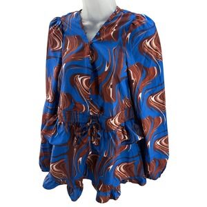 PrettyLittleThing Blue Brown Retro Marble Swirl Peplum Dress Womens Size 6 NWT